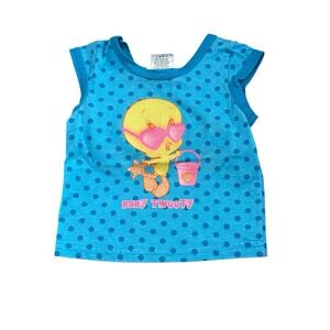 VTG Looney Tunes Baby Tweety Bird Blue Polka Dots Girls SZ 6-9 Mths‎